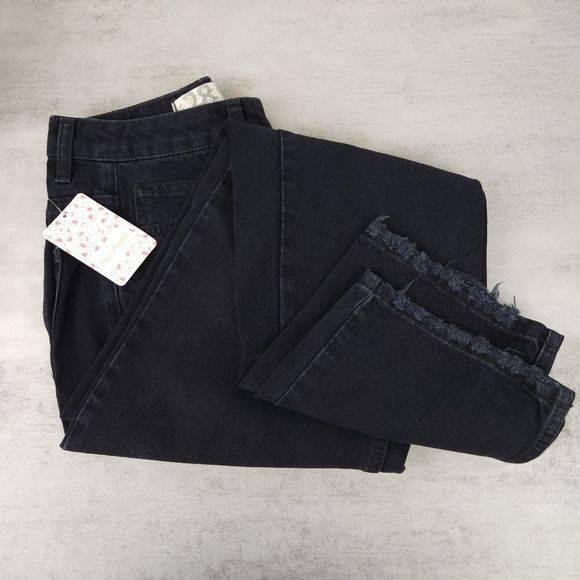 Free People Dakota Straight Leg Destructed Hem High Rise Pitch Black Denim Jeans - Picture 2 of 11